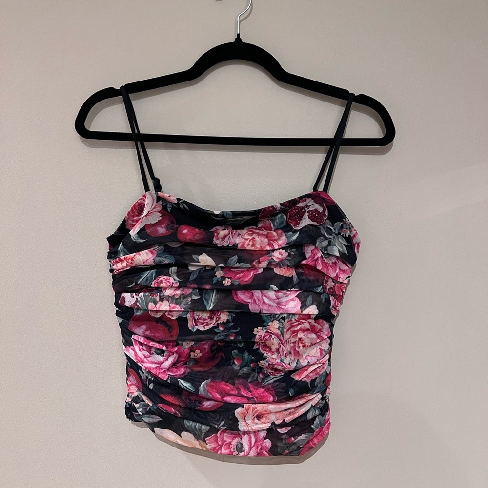 Express Floral Ruched Navy Pink Rose Cami Top
